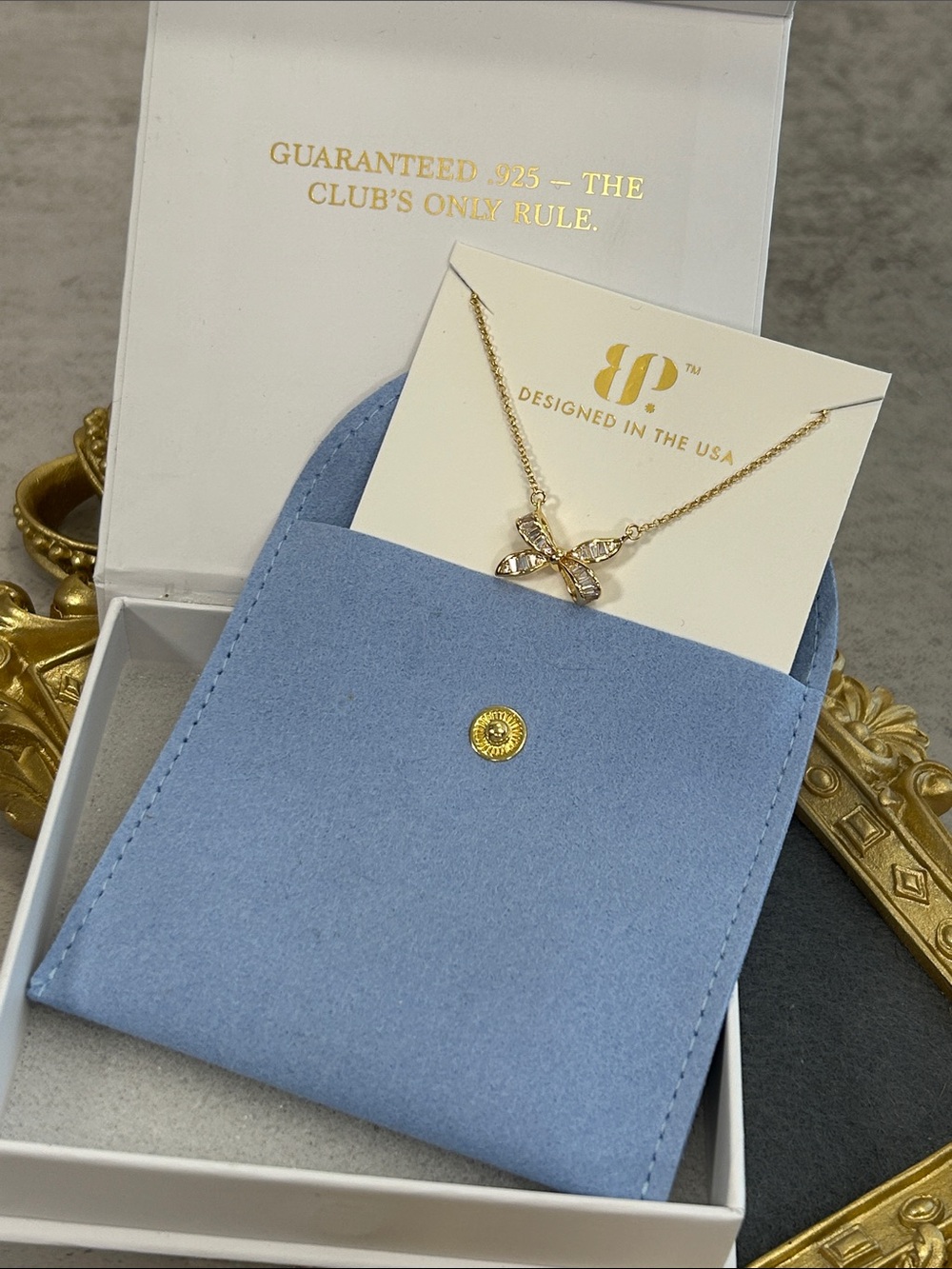 Bomb Party 925 Vermeil Bow Crystal Pendant Necklace in Gold with Blue Pouch